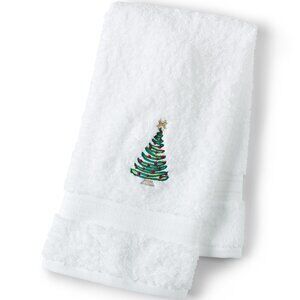 Lands' End Holiday Tree Embroidered Cotton Hand Towel Winter Christmas